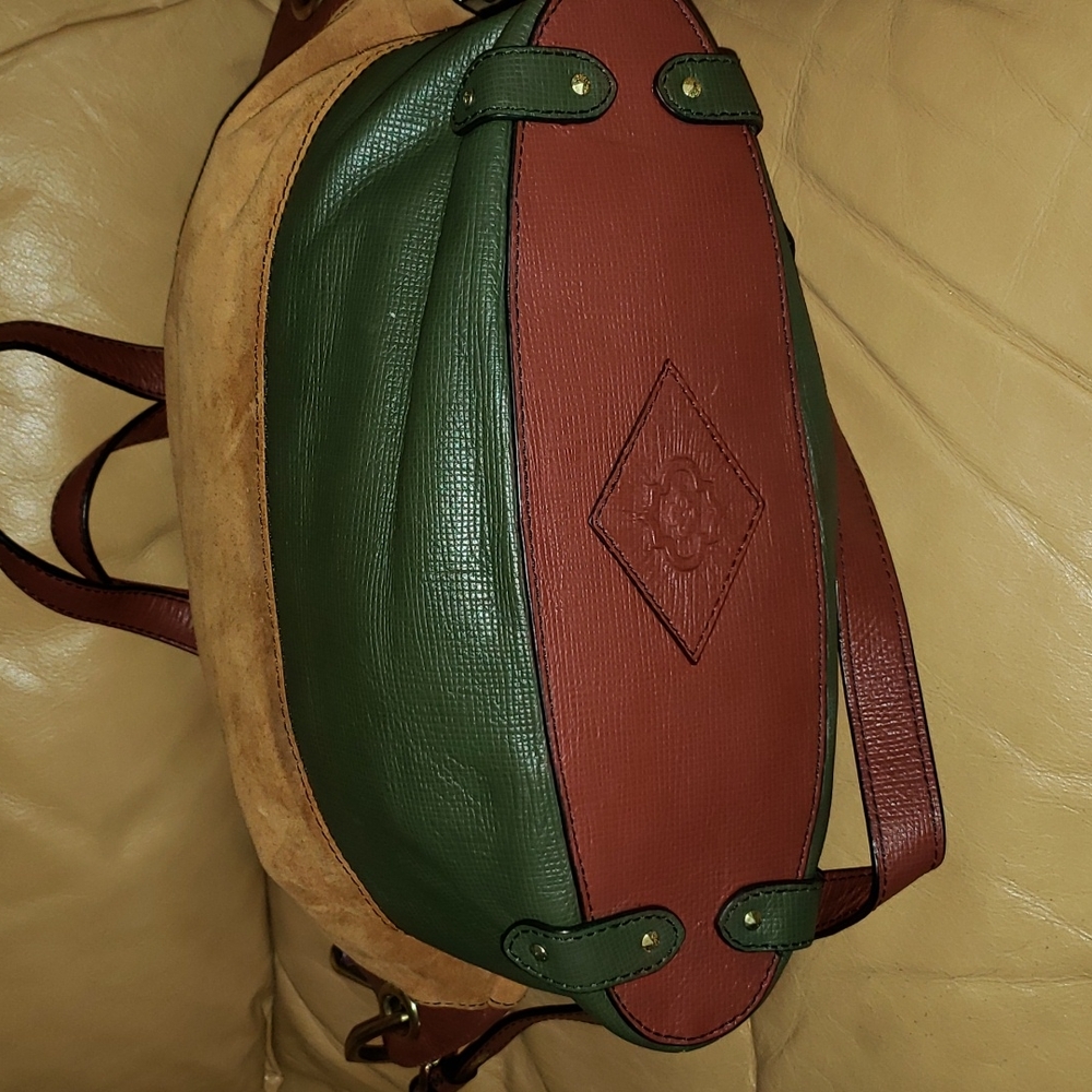 orYANY Suede and Leather Colorblock Satchel in Tan, Brown, and Green - Picture 6 of 13